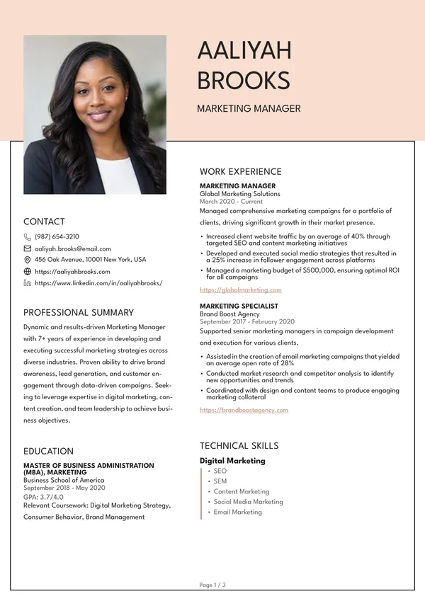 Preview of the Peach Band Accountant resume template: With sidebar, Square photo