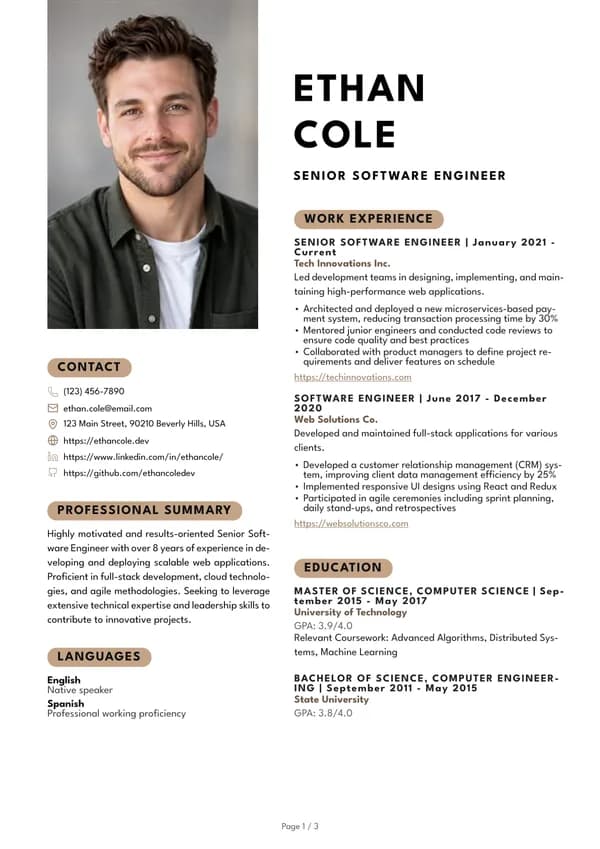 Preview of the Tan Pills Portrait resume template: With sidebar, Square photo