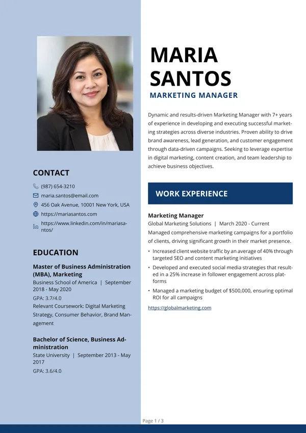 Preview of the Navy Block Manager resume template: With sidebar, Square photo