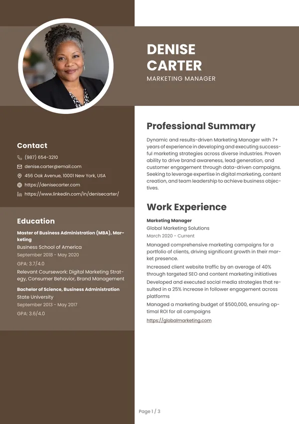 Preview of the Cocoa Panel resume template: With sidebar, Round photo