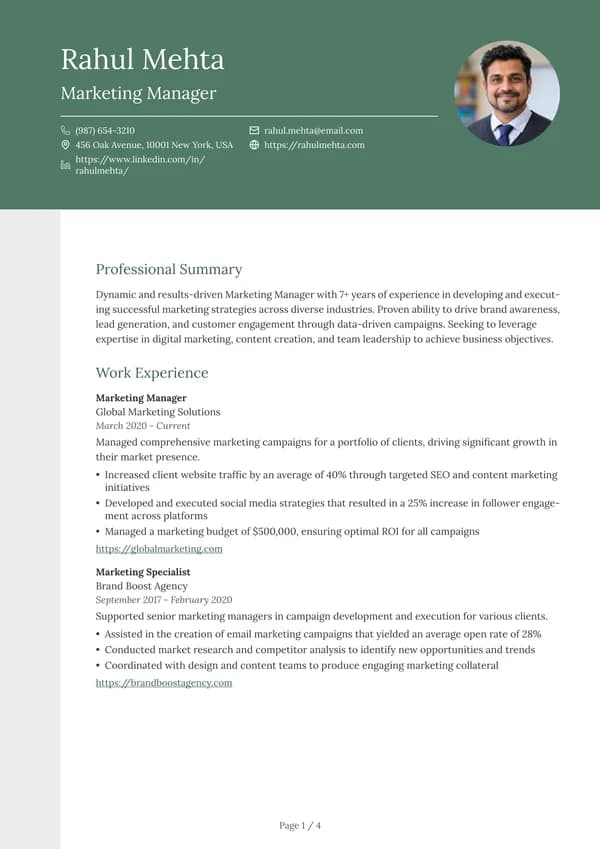 Preview of the Forest Banner resume template: Single column, Round photo
