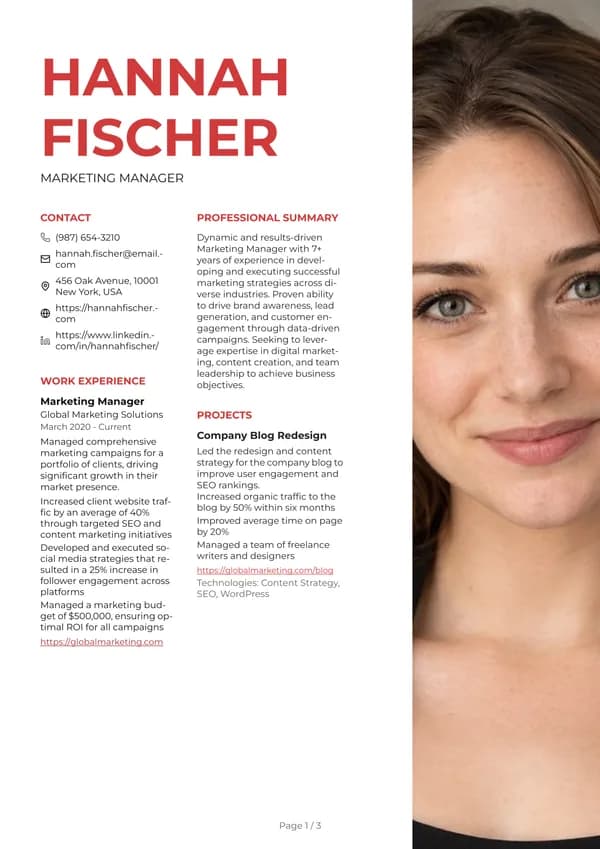 Preview of the Red Poster resume template: With sidebar, Square photo