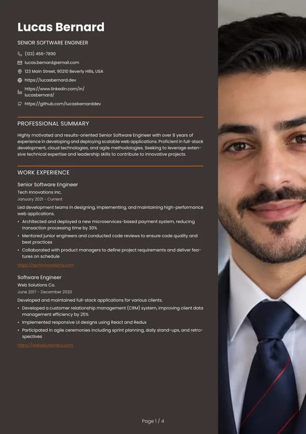 Preview of the Dark Portrait Panel resume template: Single column, Square photo