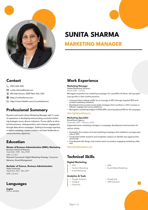 Preview of the Orange Circles resume template: With sidebar, Round photo