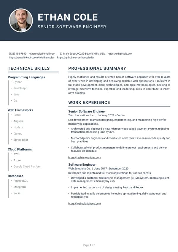 Preview of the Slate Banner resume template: With sidebar, Round photo