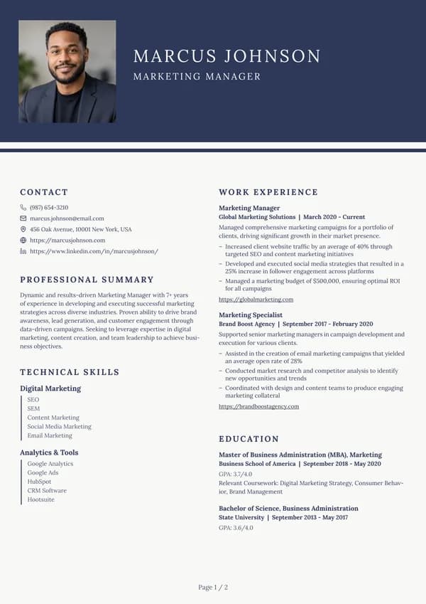 Preview of the Navy Header College resume template: With sidebar, Square photo