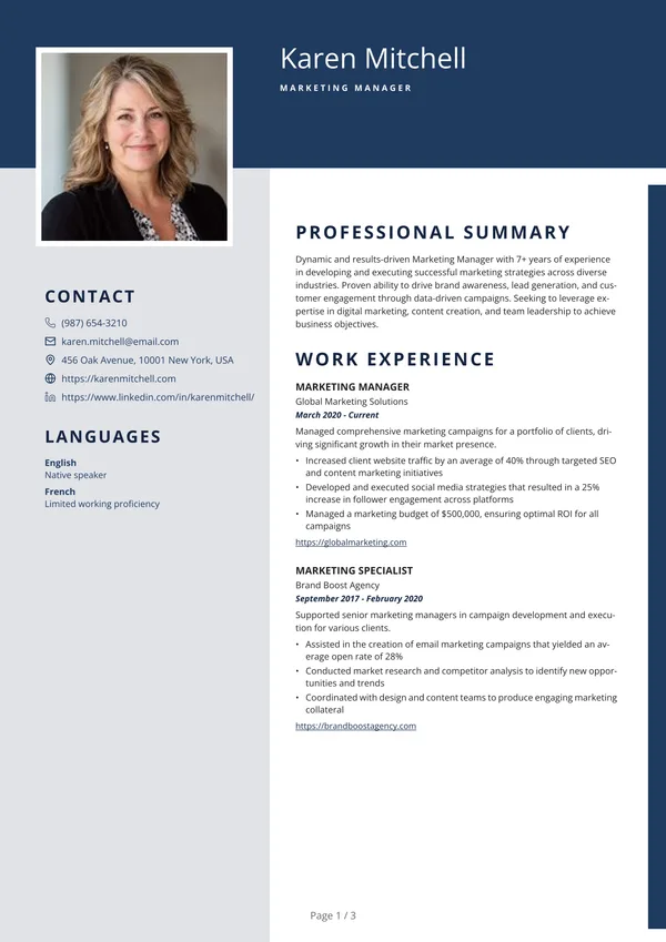 Preview of the Navy Rail Advisor resume template: With sidebar, Square photo