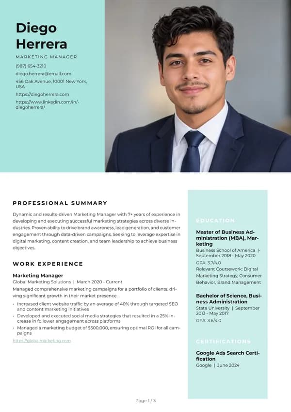 Preview of the Teal Photo Header resume template: With sidebar, Square photo