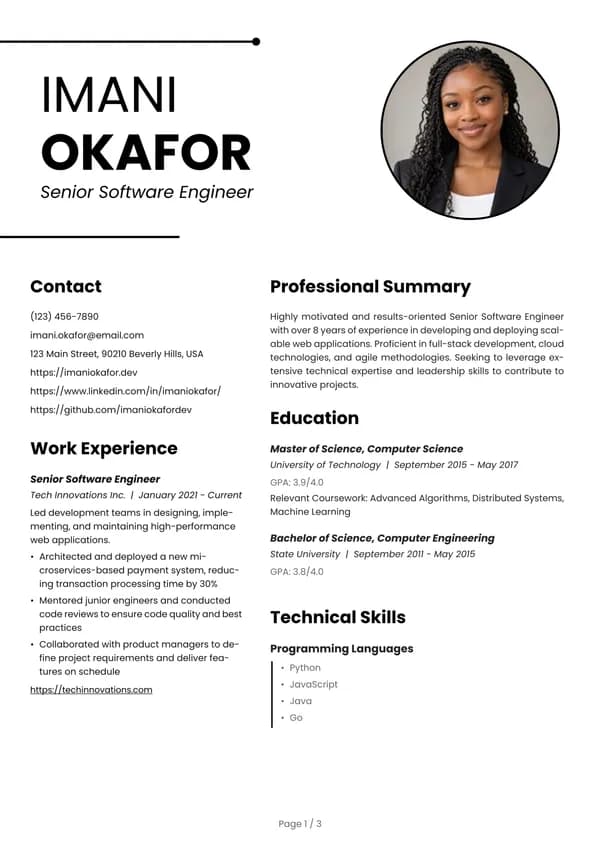 Preview of the Bold Supervisor resume template: With sidebar, Round photo