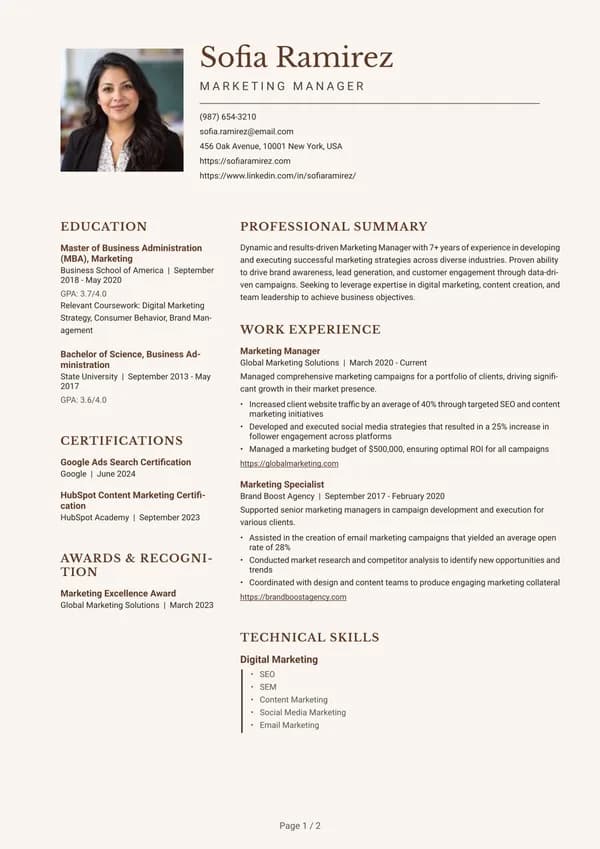 Preview of the Warm Classic Serif resume template: With sidebar, Square photo