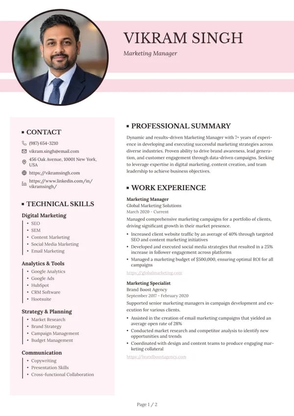 Preview of the Pink Bands Nursing resume template: With sidebar, Round photo