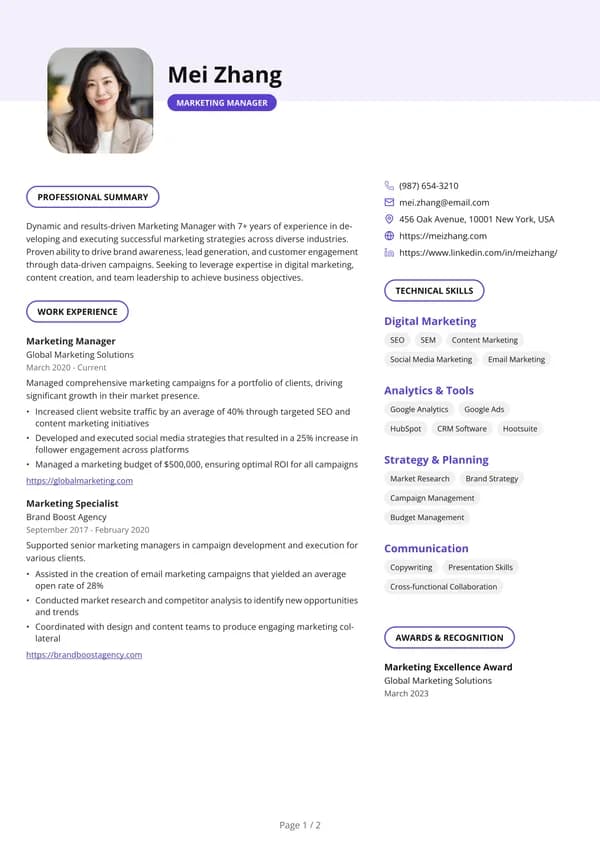 Preview of the Purple Pills Editor resume template: With sidebar, Rounded photo