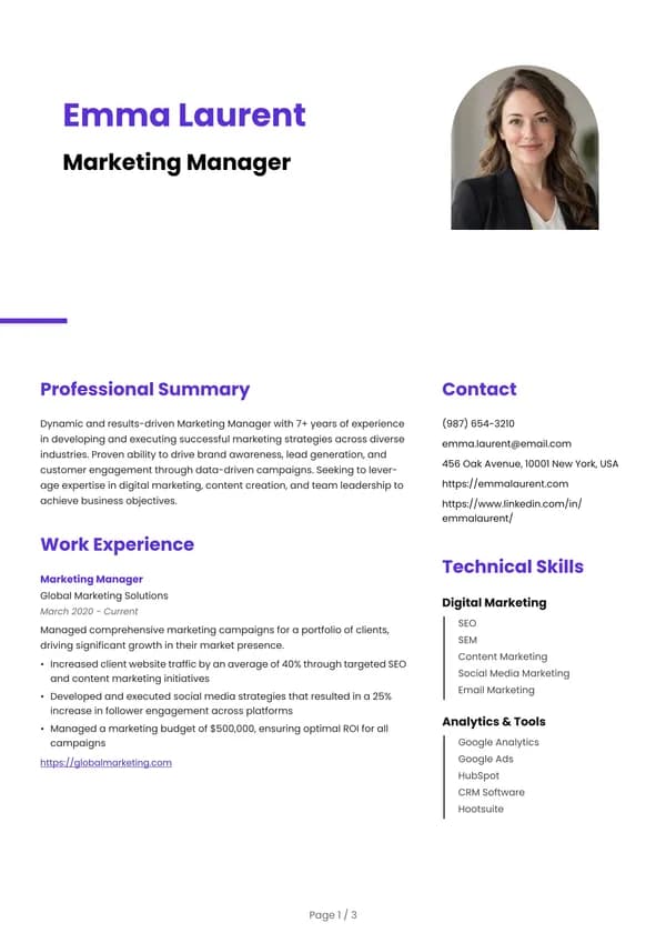 Preview of the Violet Arch Marketer resume template: With sidebar, Arch photo