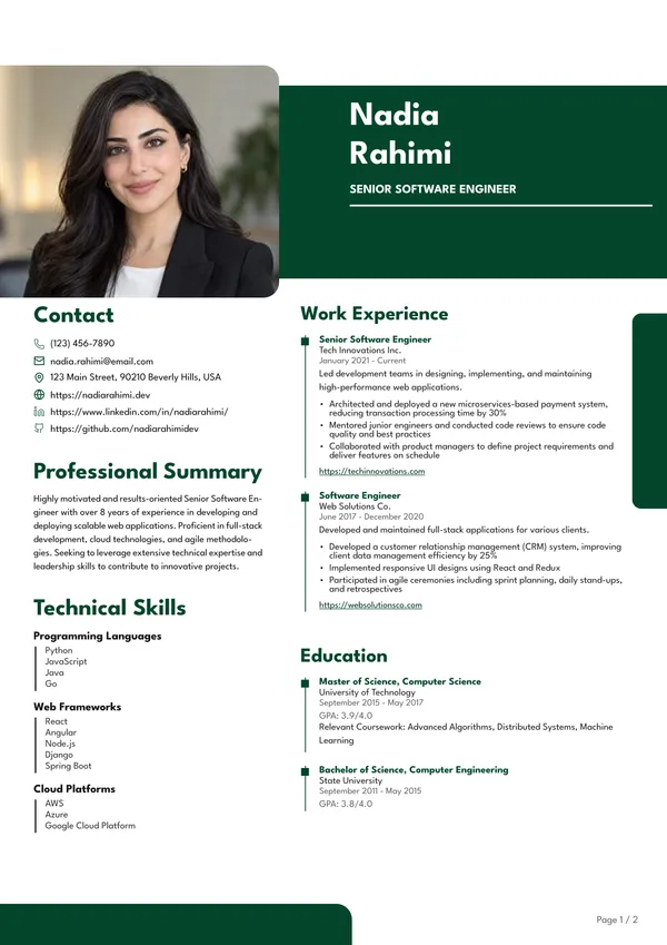 Preview of the Forest Tabs Photographer resume template: With sidebar, Rounded photo