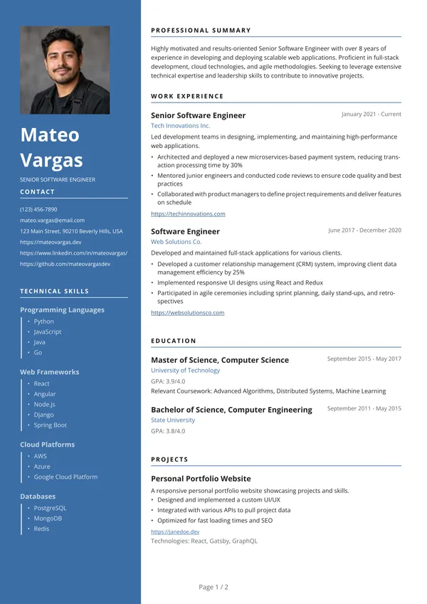 Preview of the Blue Sidebar Tech resume template: With sidebar, Square photo