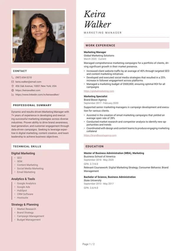 Preview of the Blush Sidebar resume template: With sidebar, Square photo
