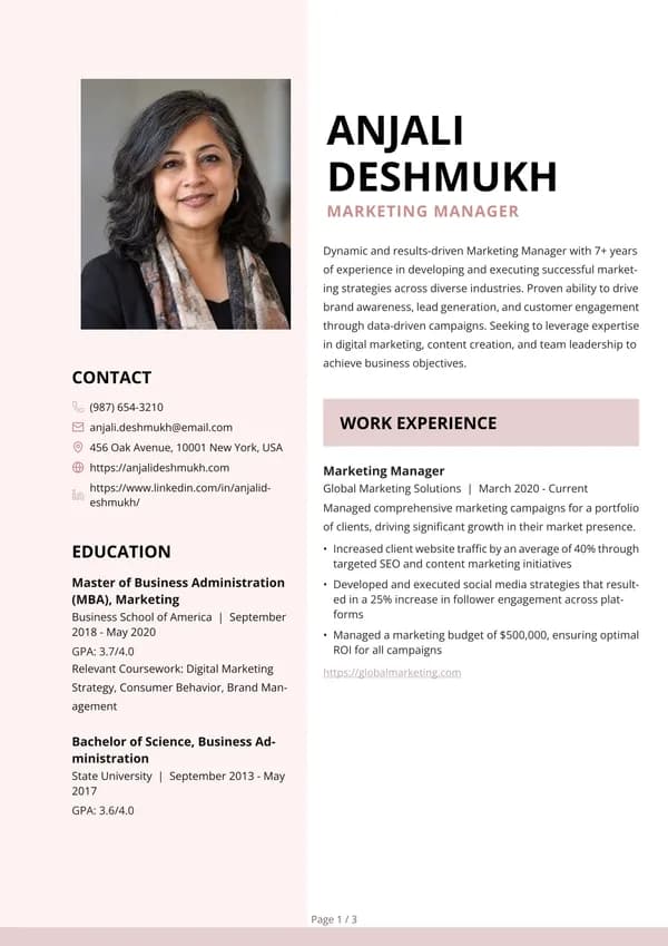 Preview of the Blush Block Manager resume template: With sidebar, Square photo