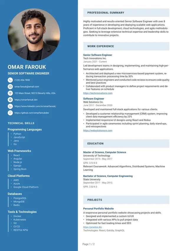 Preview of the Blue Color Blocks resume template: With sidebar, Round photo