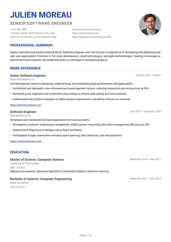 Preview of the Classic Blue resume template: Single column, Round photo