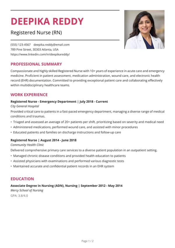 Preview of the Bold Crimson Header resume template: Single column, Square photo