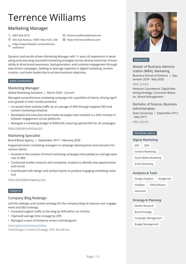 Preview of the Gray Rail Marketing resume template: With sidebar, Square photo