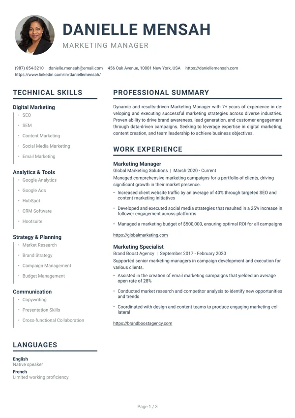 Preview of the Slate Columns resume template: With sidebar, Round photo