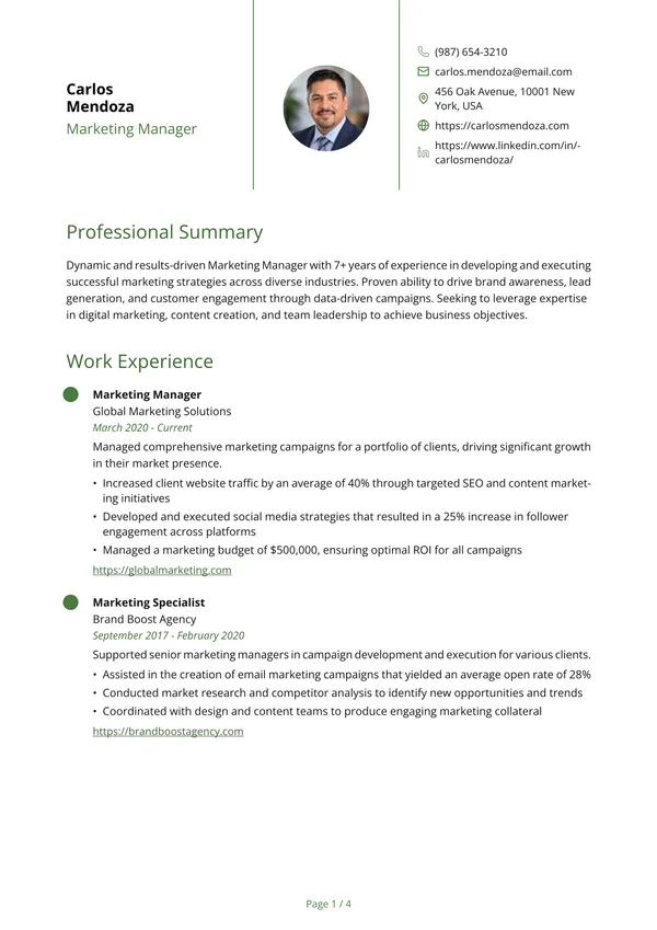 Preview of the Green Lines Engineer resume template: Single column, Round photo