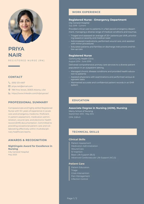 Preview of the Cream And Slate resume template: With sidebar, Round photo