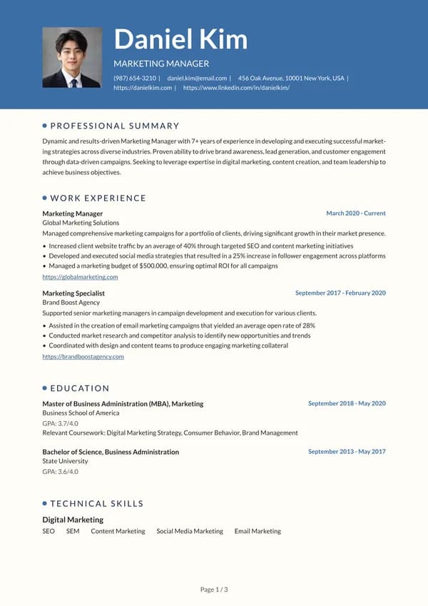 Preview of the Blue Banner Tech resume template: Single column, Square photo
