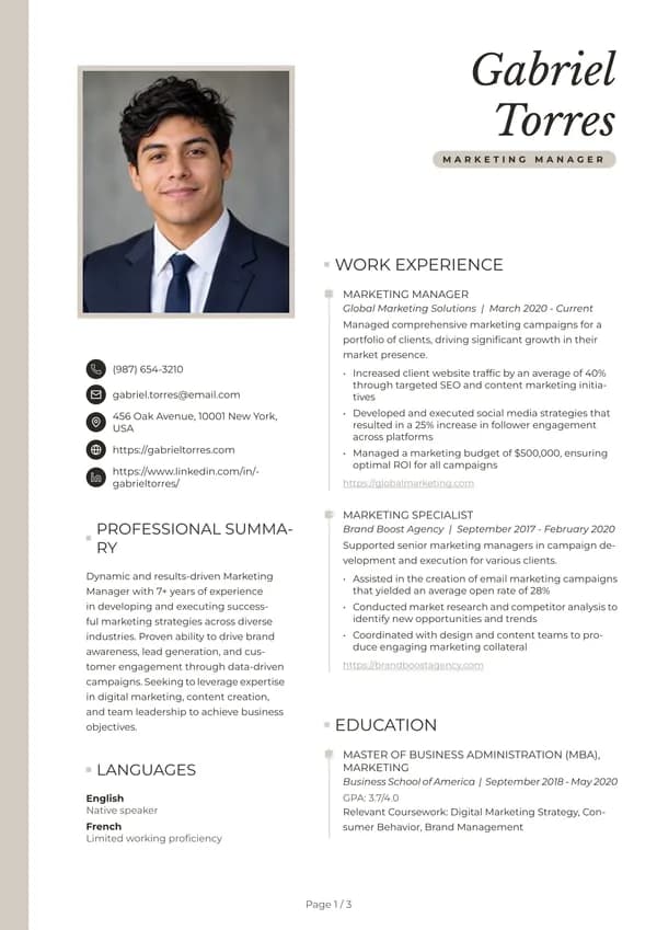 Preview of the Beige Timeline Designer resume template: With sidebar, Square photo