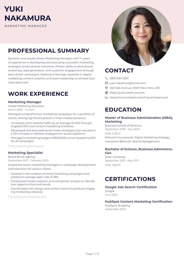Preview of the Pink Wedge Student resume template: With sidebar, Round photo