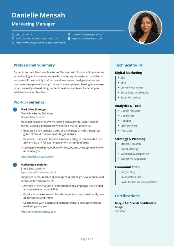 Preview of the Blue Header Physician resume template: With sidebar, Round photo