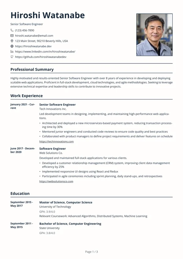 Preview of the Ruled Technician resume template: Single column, Square photo