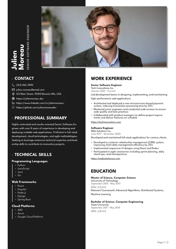 Preview of the Dark Panel Actress resume template: With sidebar, Square photo