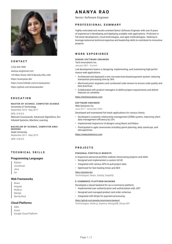 Preview of the Typographic Columns resume template: With sidebar, Square photo
